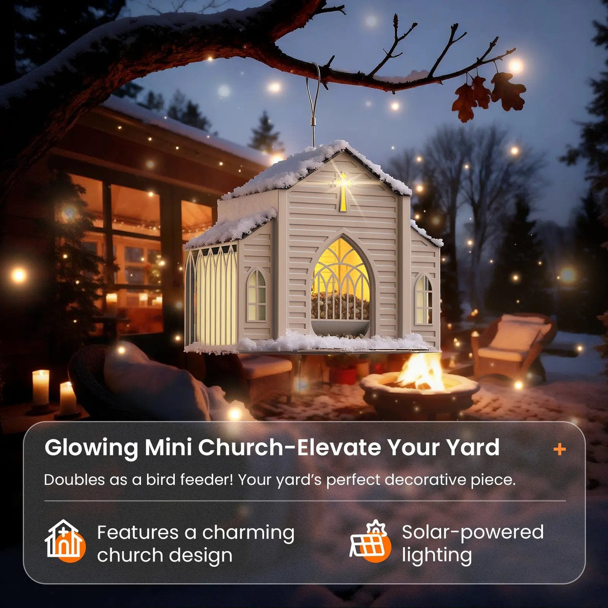 Church-shaped bird feeder detail with hanging chain