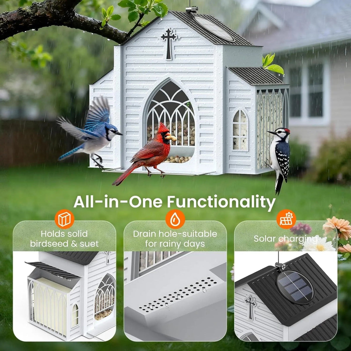 Metal church-style bird feeder for porch and garden decor