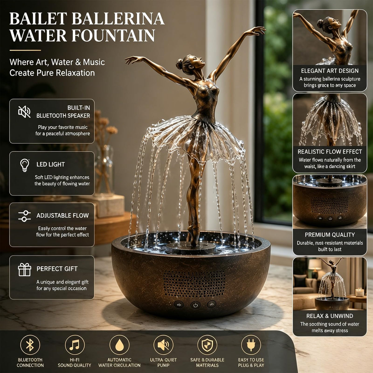 Ballerina Bluetooth speaker fountain detail view