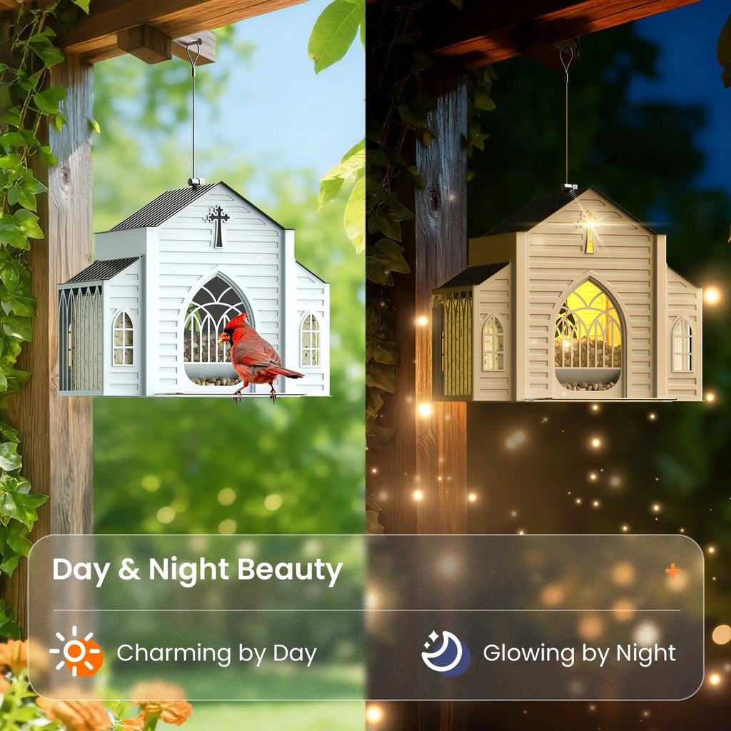 Day and night comparison of a church-shaped solar bird feeder